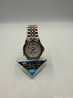 Front view of Timex Indiglo Top-Flite wristwatch on display stand