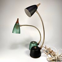 Both Heyco lamps side by side showing colors, bases, cords, and wood finials