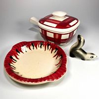 Group shot of covered dish, bowl, and figurine