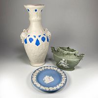 Group shot of vase, green bowl and blue dish