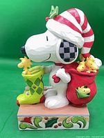 Left profile of Snoopy figurine with stocking, sack, base detailing