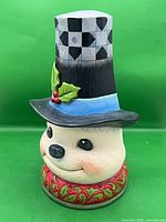 Front view of snowman head, hat, and decorative base