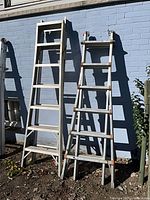 Both aluminum step ladders leaning against wall