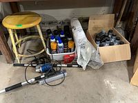 overall lot with stool, tote of cans, oil bottles, powered tools and rolled sheet