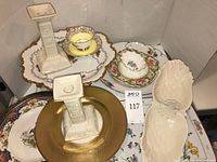 Group shot showing all porcelain pieces including Lenox candlesticks, divided dish, Shelley plate, leaf dishes and assorted plates