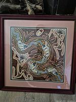 Full view of framed painting showing artwork, mat and frame