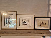 All three framed prints displayed on shelf