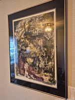 Full view of framed abstract monotype print