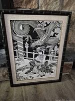 Full view of framed artwork showing subject matter and frame