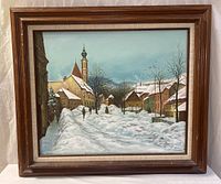Full view of framed Valdier Winter Village oil painting