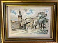 Full view of framed painting showing architectural scene and frame