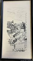 Full view of framed pen drawing
