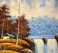 Full view of signed landscape oil painting showing birch trees, cabin, waterfall