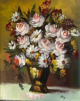 Full view of floral oil painting on canvas 13 x 16 in, signed Amy