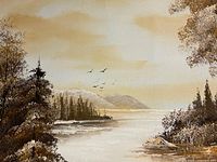 Overall view of sepia landscape painting showing sky, trees, water and birds