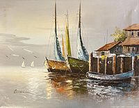Full view of signed oil painting showing sailboats, pier and building