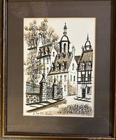 Framed watercolour depicting Quebec buildings