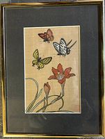 Framed watercolour painting with butterflies and flowers, full view