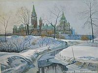 Close view of painting detailing scene and signature