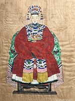 Close view of ancestor portrait showing colors and gilt silk background