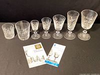 All seven glasses aligned by size with two brochures