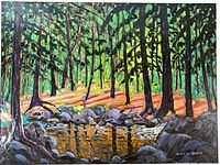 Full view of painting showing forest scene with stream and rocks
