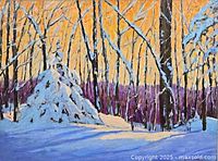 Close view of painting showing winter forest scene and signature area