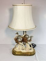 Full view of lamp with shade showing overall form and ostrich figures