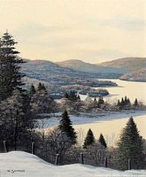 Close view of painting showing landscape and signature