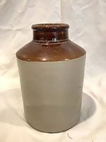 Front view of two-tone stoneware crock