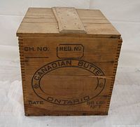 Front view showing Canadian Butter Ontario graphics and finger-joint corners