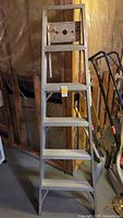 Front view of five-step aluminum ladder showing attached tray