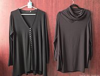 Both Simply tops hanging: black V-neck with buttons, brown cowl neck