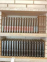 Shelved Britannica volumes including Micropaedia and Macropaedia with additional slim reference volumes