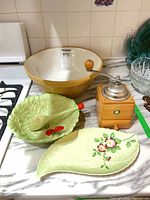 Overall lot showing batter bowl, Carleton Ware pieces and coffee grinder
