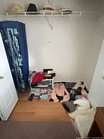 Overall closet view showing shoe rack, garment bag, clothing items