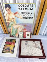 Group shot of Colgate sign, matted travel print and framed pencil illustration