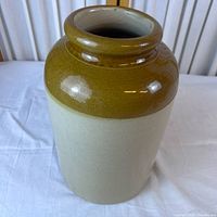 Front view of two-tone stoneware crock