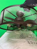 Front view of ceiling fan showing drum mesh shade and light bulbs