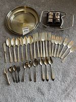 All flatware pieces, napkin rings in holder, and tray laid out on carpet