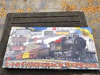 Front of boxed Model Power Camelback Express HO train set on table