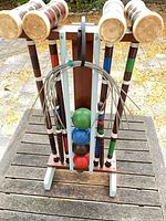 Full view of croquet set on stand