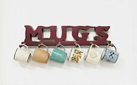 Front view of maroon wooden “MUGS” rack with mugs (mugs not included) showing five pegs