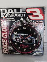 Front of boxed Dale Earnhardt race wall clock showing product details