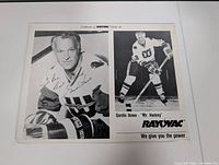Full view of autographed Gordie Howe Rayovac promotional photo sheet