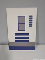 R2-D2 minimalist print, white background, blue and grey geometric details