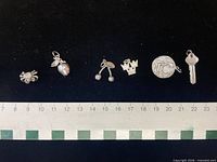 Six silver charms aligned beside ruler