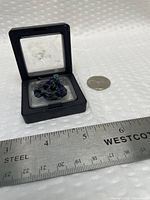 Specimen in display box beside coin and ruler for scale