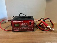 Front view showing Motomaster battery charger, ammeter, cables and clamps