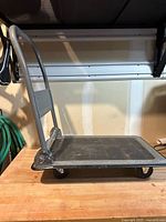 Platform hand truck standing upright showing handle and deck